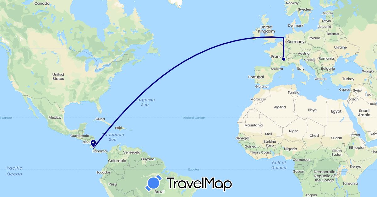 TravelMap itinerary: driving in Costa Rica, France, Netherlands (Europe, North America)